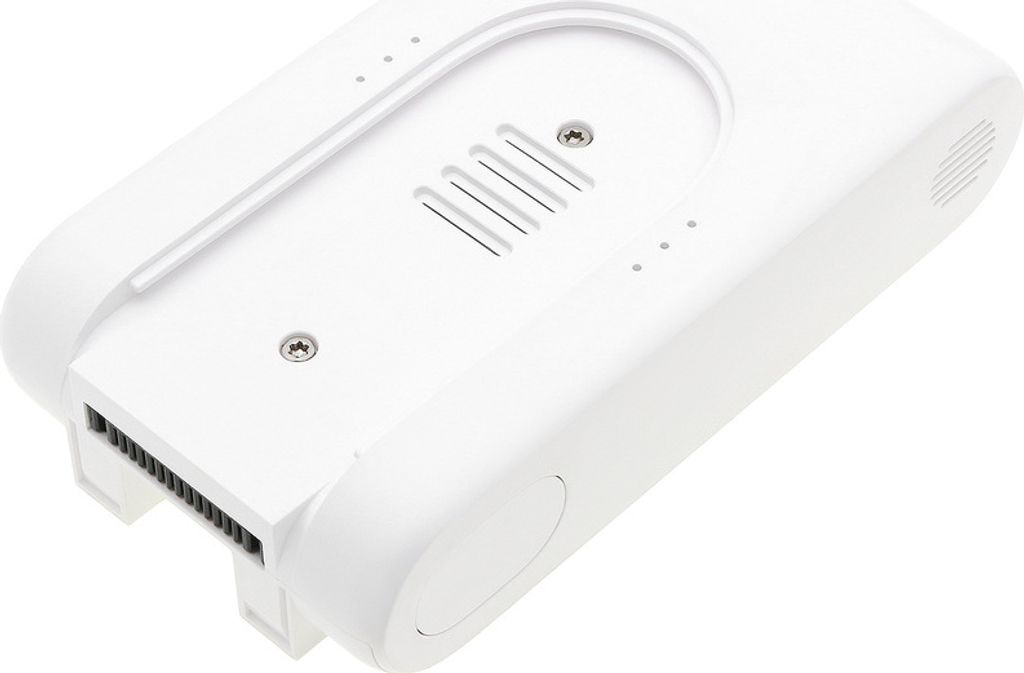 A white battery pack for a vacuum cleaner is shown against a white background.