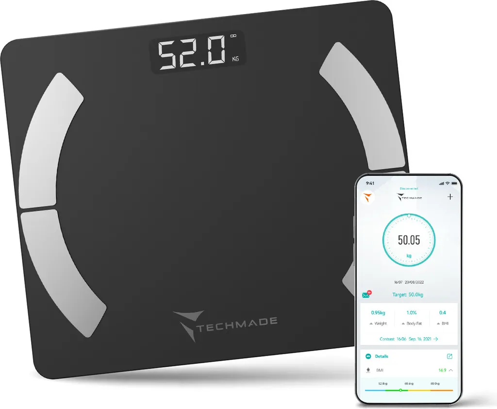 Pèse-personne Numérique Techmade Bluetooth 180kg Design Verre Trempé Noir