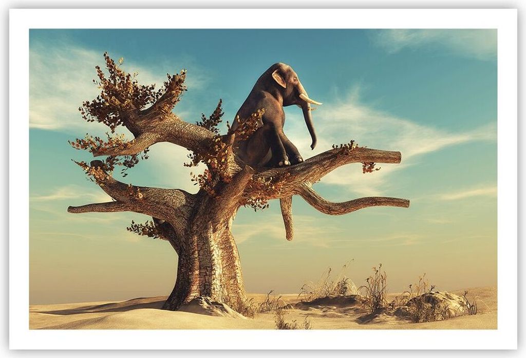 Poster - Poster ohne Rahmen - Sitzen Elefant Baum - 91,5x61 cm - Wand Bild - Wanddeko - Wandbilder - Kunstposter - Wandposter - Bilder - Kunstdruck...