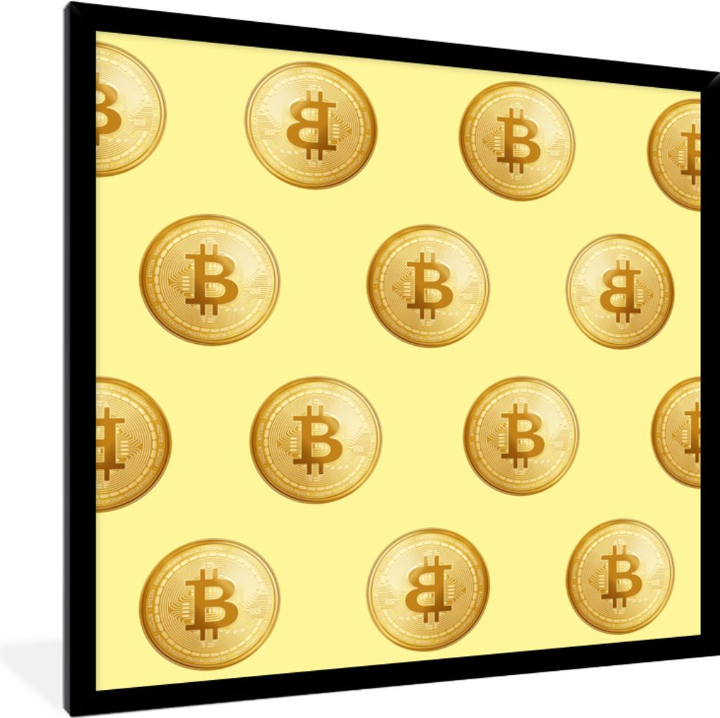 MuchoWow MuchoWow Gerahmtes Poster Bitcoin - Gold - Muster - Gelb 40x40 cm - Poster mit zchwarzem Bilderrahmen - Mit Rahmen - Wanddekoration Sc...