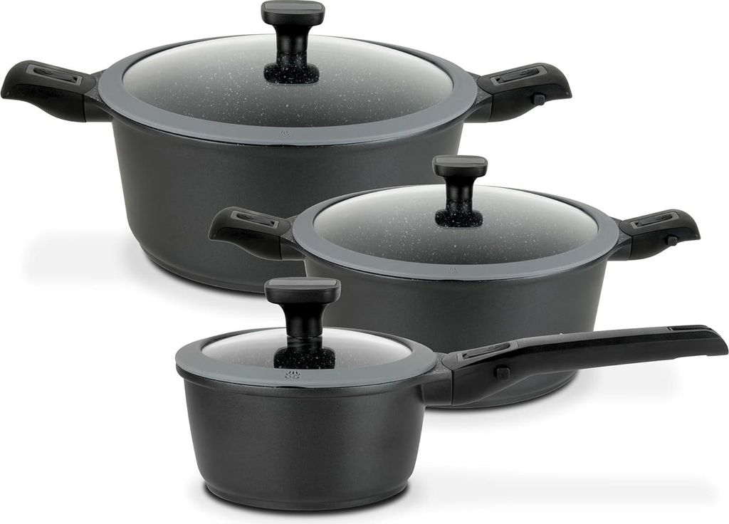 6-teiliges Pfannenset aus Aluminium, Kunststoff, Glas, Silikon schwarz - Einfaches Klicksystem