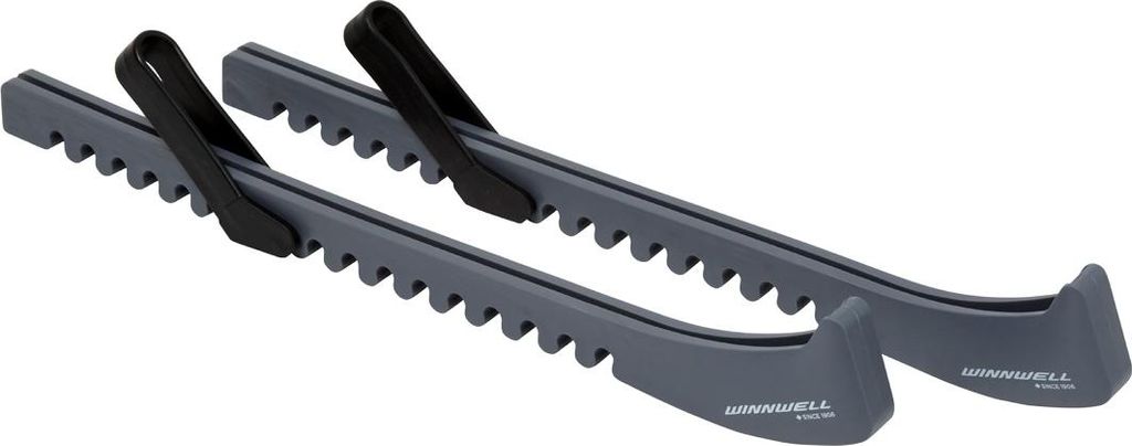 A pair of gray skate guards with black straps, shown against a white background.