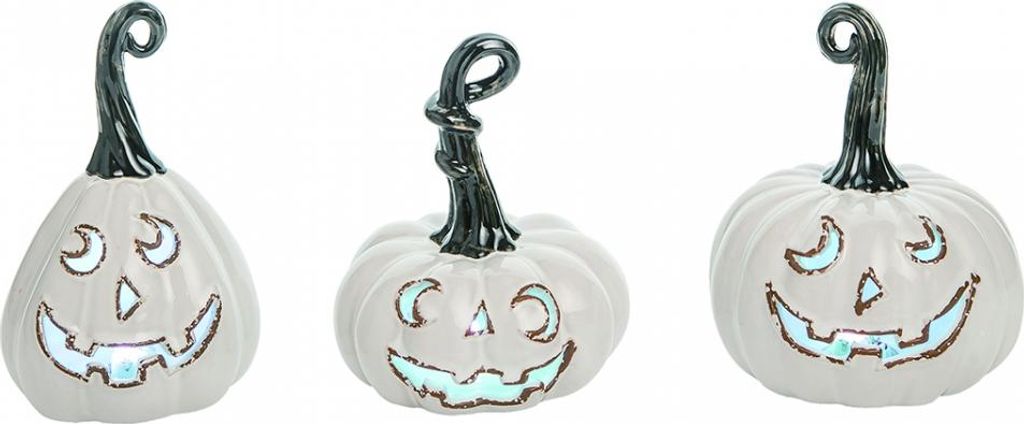 Weißer Vintage Keramik Halloween Kürbis mit LED Beleuchtung 1 St.