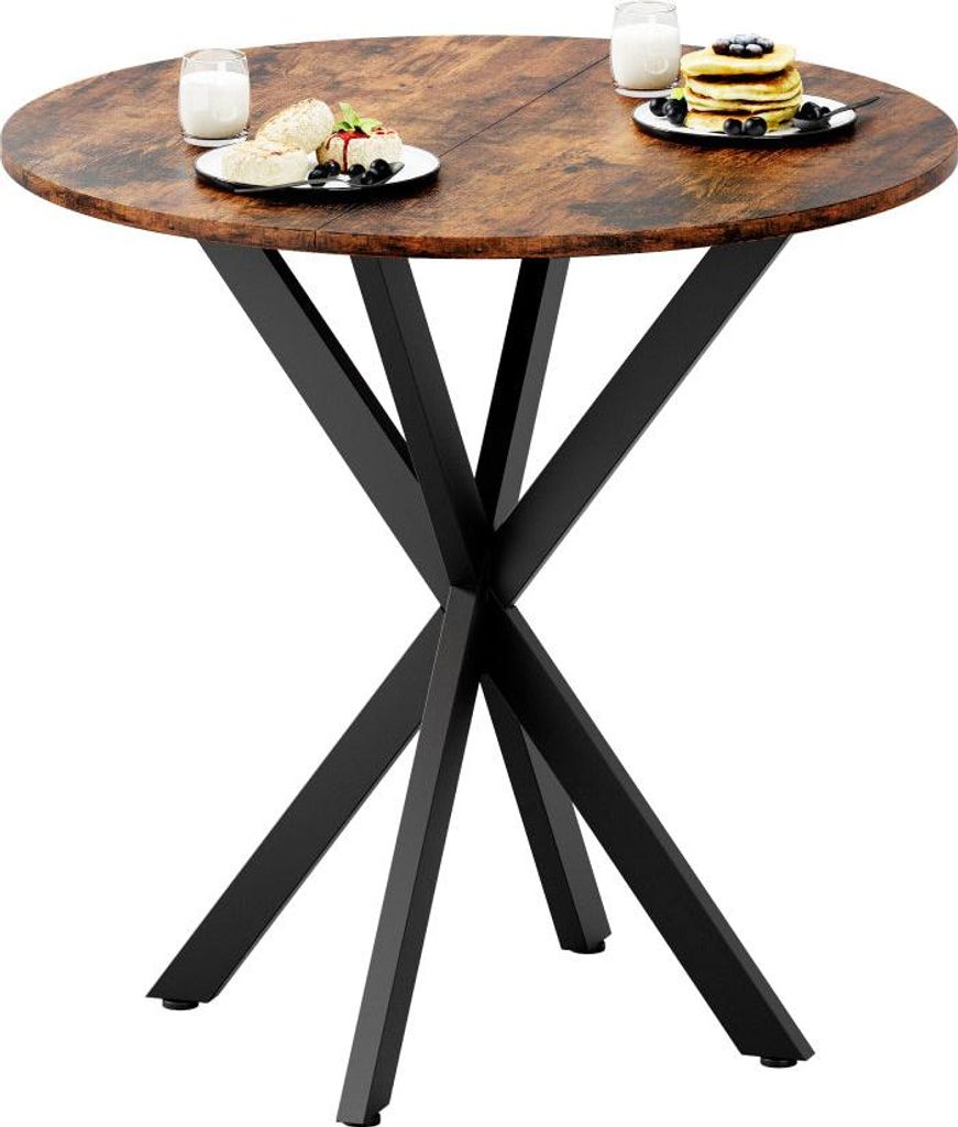 Runder Esstisch Industrialstil Ø80 cm, Küchentisch für 2 Personen, X-Gestell aus Stahl, Vintagebraun & Schwarz, Esstisch klein, Retro-Look
