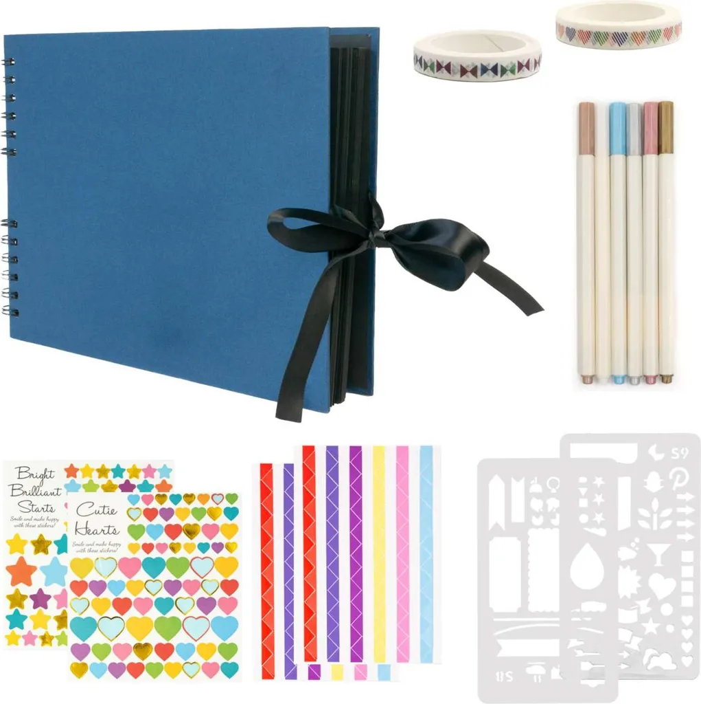 Intirilife album fotografico da disegnare da soli in blu scuro - 30,5 x 21,5 x 1,8 cm - Fotolibro con rilegatura a spirale 80 pagine nere fai da te con penne adesivi stencil, regalo di nozze