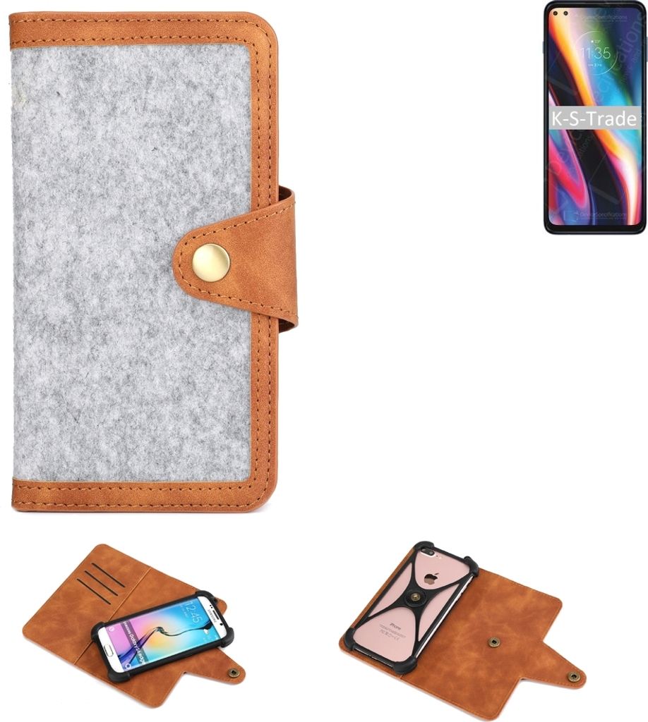 K-S-Trade Handyhülle kompatibel mit Motorola Moto G 5G Plus Schutzhülle Filz-Hülle Kunst-Leder hellgrau braun (1x)