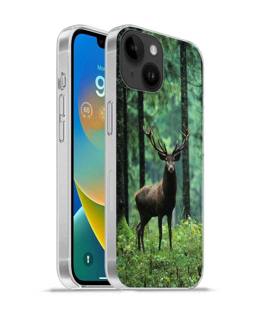 MuchoWow Handyhülle Schutzhülle Hülle für Apple iPhone 14 - Softcase Hirsche - Wald - Bäume - Tiere - Natur Silikon Softcase Handy Hülle - ...