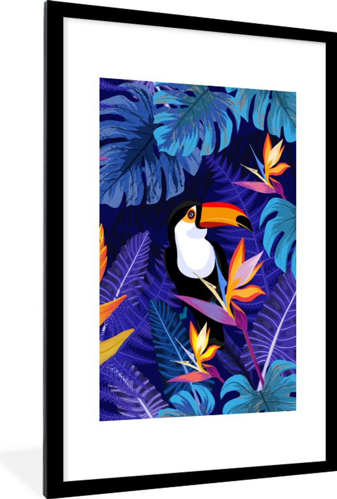 MuchoWow Gerahmtes Poster Dschungel - Tukan - Blumen - Pflanzen - Kinder - Lila - Tiere 60x90 cm - Poster mit Schwarzem Bilderrahmen Wandposter R...