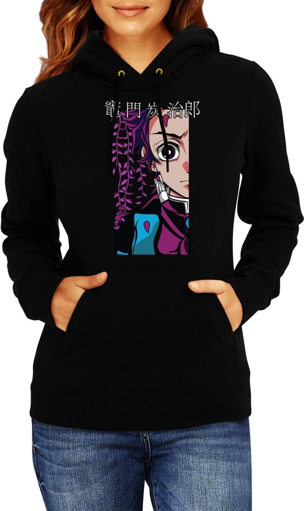 Damen Kapuzenpullover Demon Anime Slayer Kimetsu No Yaiba Tanjiro Kamado 001, Lady L / Schwarz