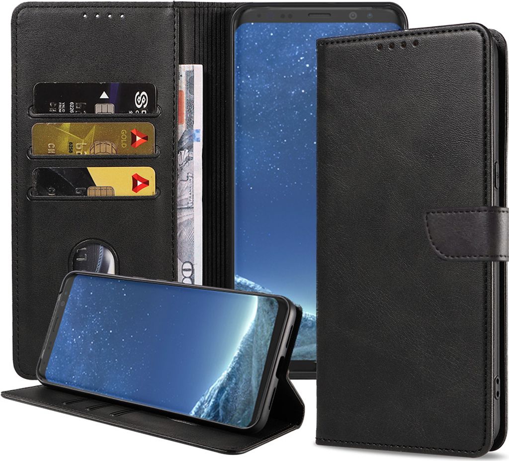 Passend für Samsung Galaxy S8 Plus Handyhülle Kunstleder mit magnetischer Lippe und Kartenhalter Buchhülle mit Klappe - Schwarz - Smartphonics