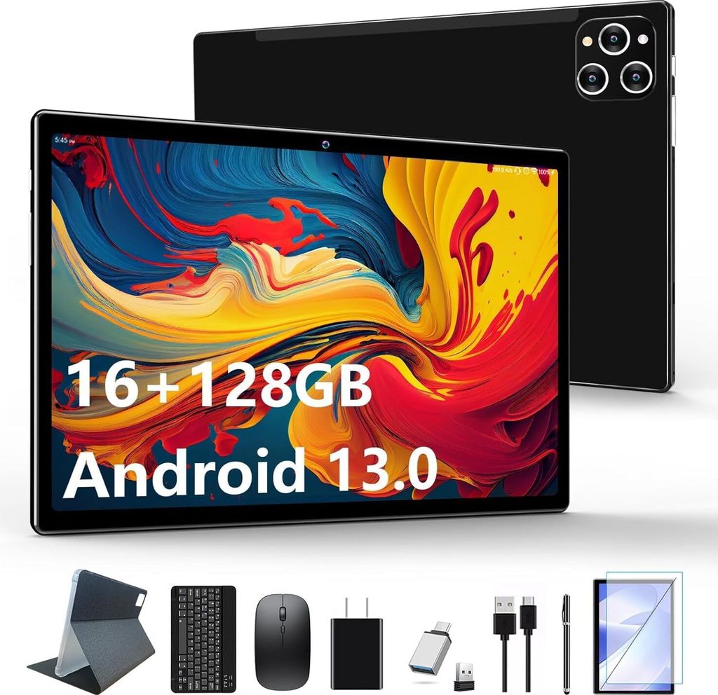 A tablet and its accessories are displayed against a white background. The tablet screen shows a colorful abstract image and text indicating its specifications.