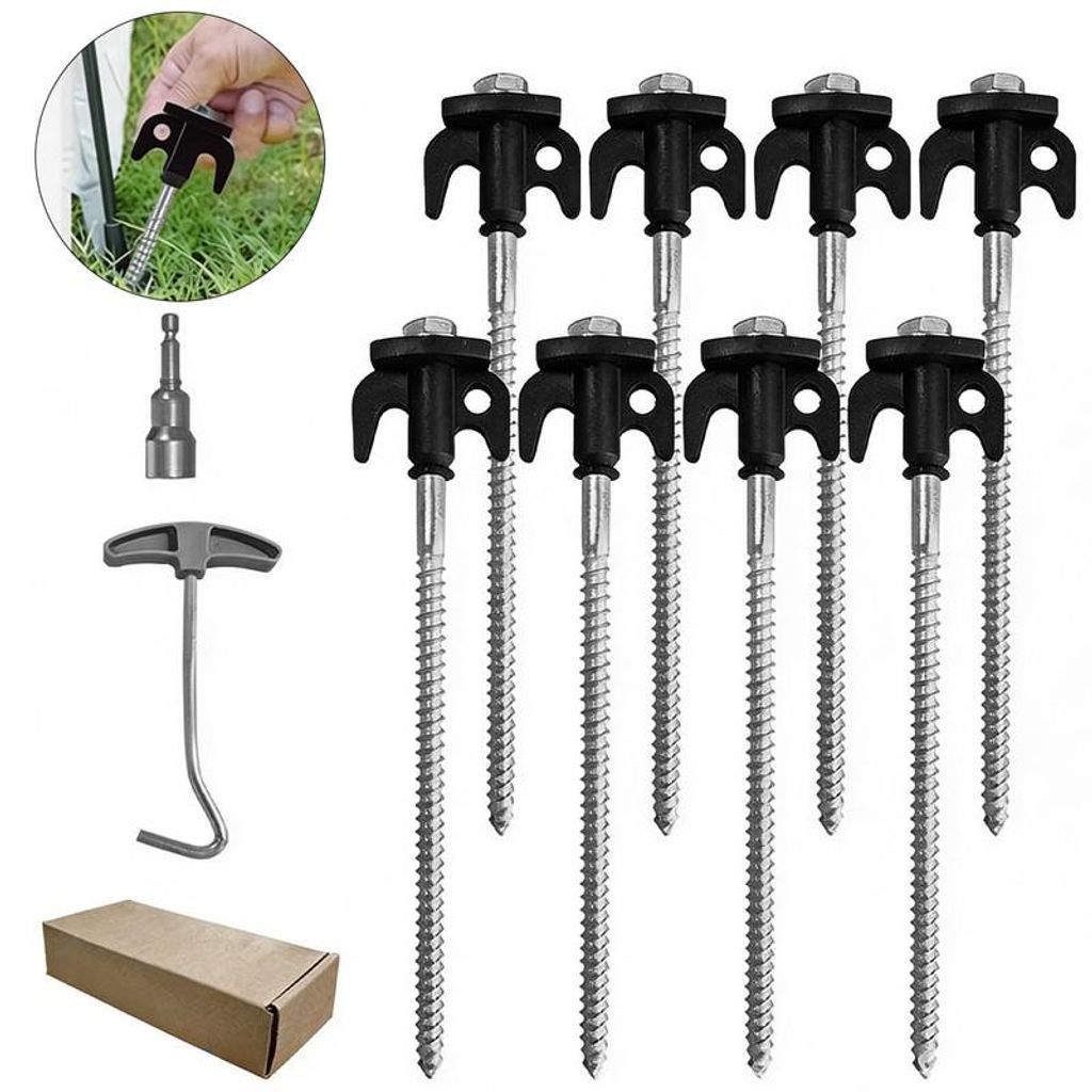 Zeltheringe Schraubheringe 8er Set 200mm Stahl Gewinde Heringe mit Adapter Auszieher Camping Outdoor Zelt Befestigung Schwarz