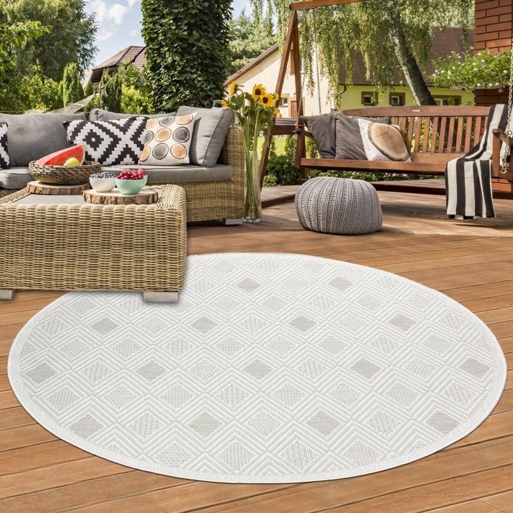 In- und Outdoorteppich Balkonteppich mit verschiedenen gemusterten Rauten in Creme Größe - 160 cm Rund