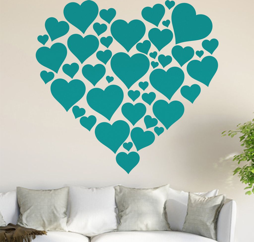 Herzen Wandtattoo in 6 Größen - Wandaufkleber Wall Sticker - Dekoration, Küche, Wohnzimmer, Schlafzimmer, Badezimmer
