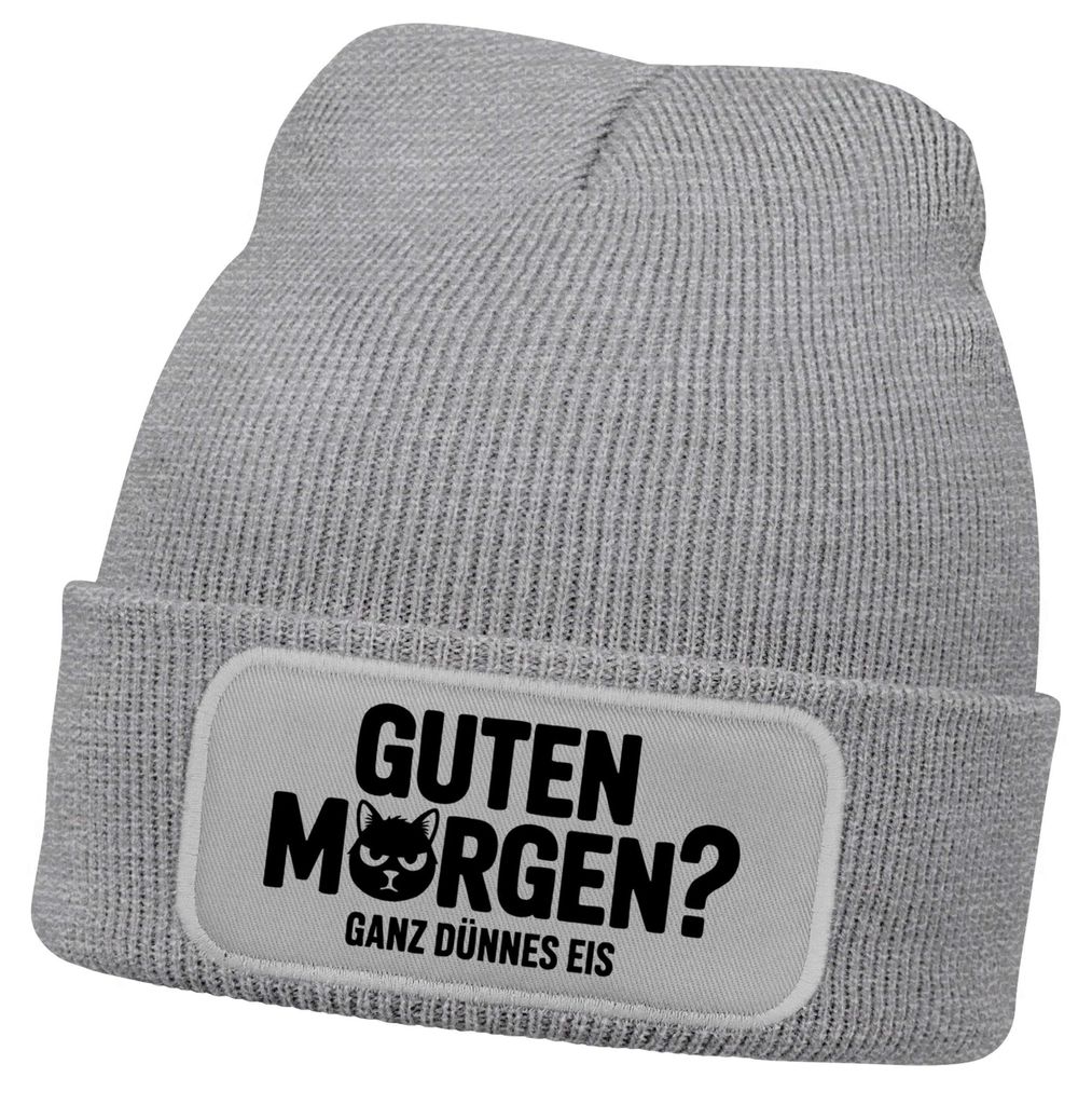 Damen Beanie Guten Morgen Katze Strickmütze mit Spruch Ganz dünnes Eis Aufdruck Lustig Damenmütze Moonworks