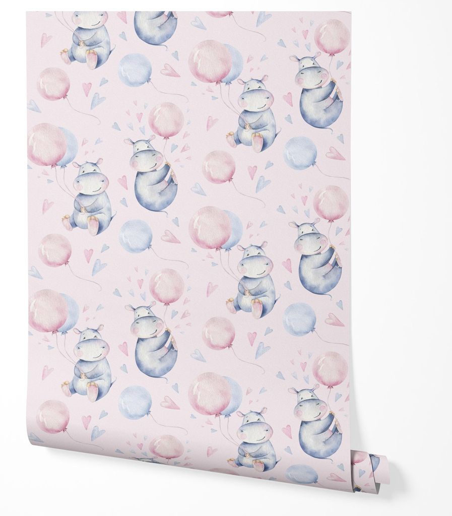 Vliestapete niedliches Nilpferd Ballons Herzen Muster rosa blau Töne Kinderzimmer Babyzimmer verspieltes Tier Wanddesign 10m x 0.5m