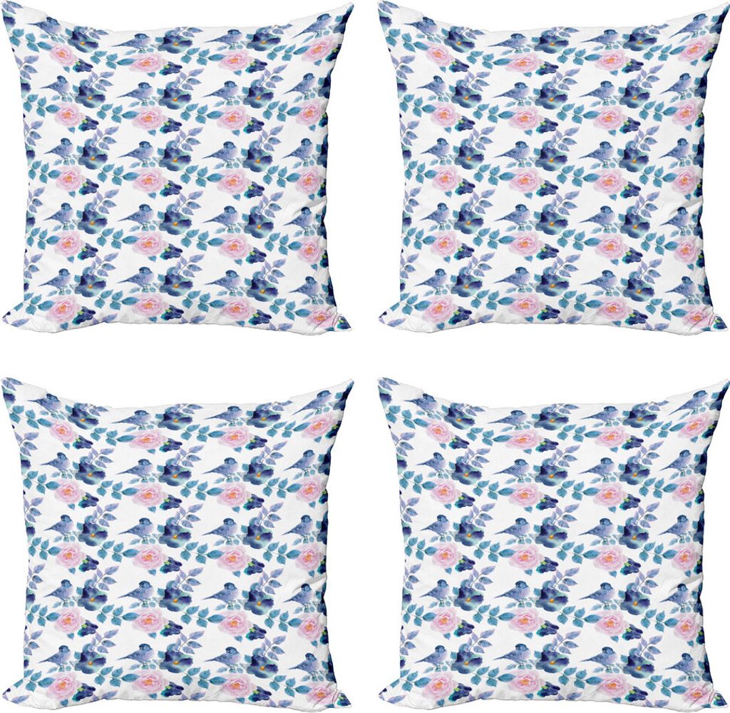 ABAKUHAUS Blumen Kissenbezug Set (4 Stück), Vogel- und Natur Wachstum, Moderner Doppelseitiger Digitaldruck, 45 cm x 45 cm, Mehrfarbig