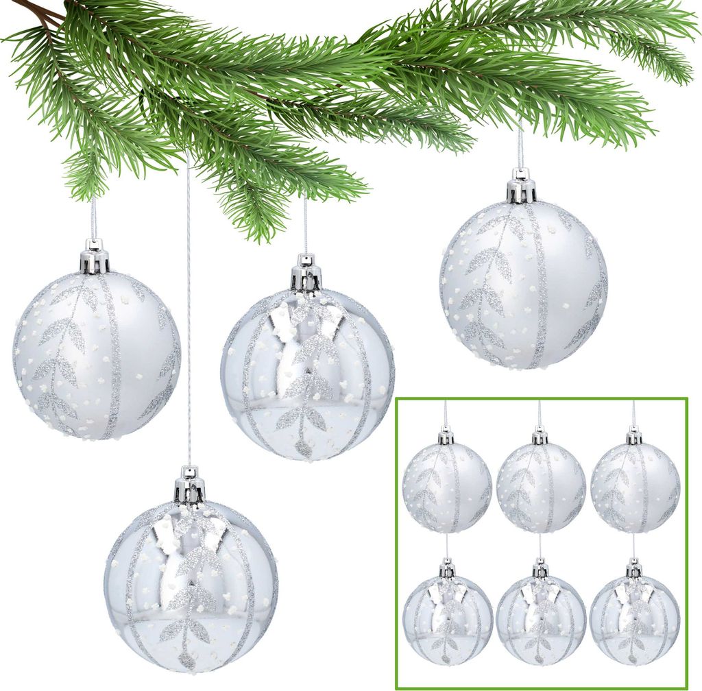 Silberne Weihnachtsbaumkugeln mit Glitzer aus Kunststoff, Weihnachtsschmuck 7 cm, 6 Stück x 1 Pack