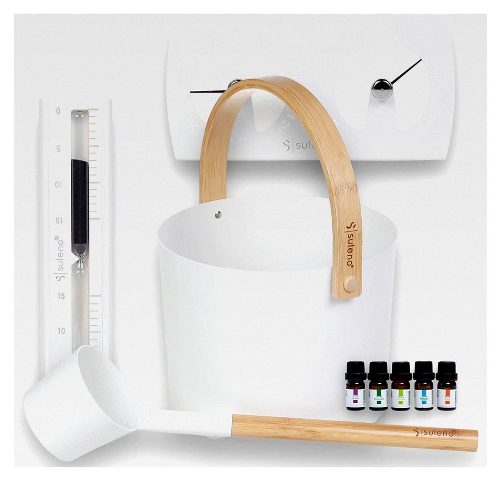 Sauna Set KJELL 2 | 9-teilig - Saunakübel, Saunakelle, Klimamesser 2in1, Sanduhr, Saunadüfte, Saunazubehör (Weiß)
