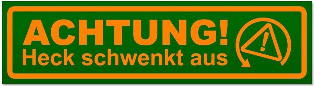 Kiwistar - Autoaufkleber - Orange - Grün - 20 x 5,3 cm - Achtung Heck schwenkt aus - Hinweis Aufkleber Sticker für Auto, Kfz, Fahrrad, PKW, LKW