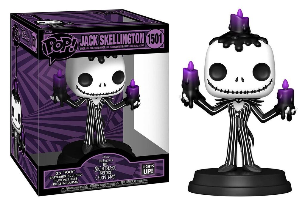 A Funko Pop! Deluxe figure of Jack Skellington from The Nightmare Before Christmas, shown both in its packaging and displayed outside of it.
