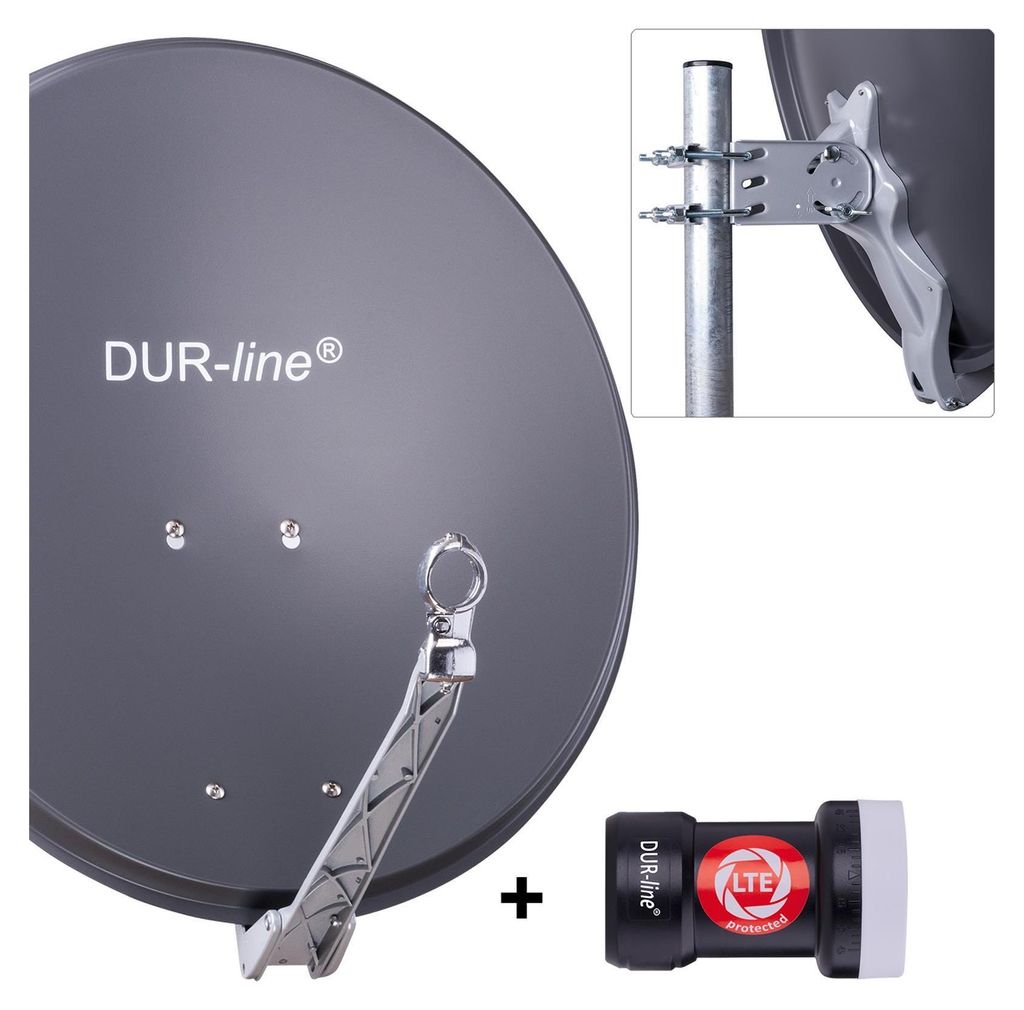 A satellite dish and its components are displayed against a light gray background.