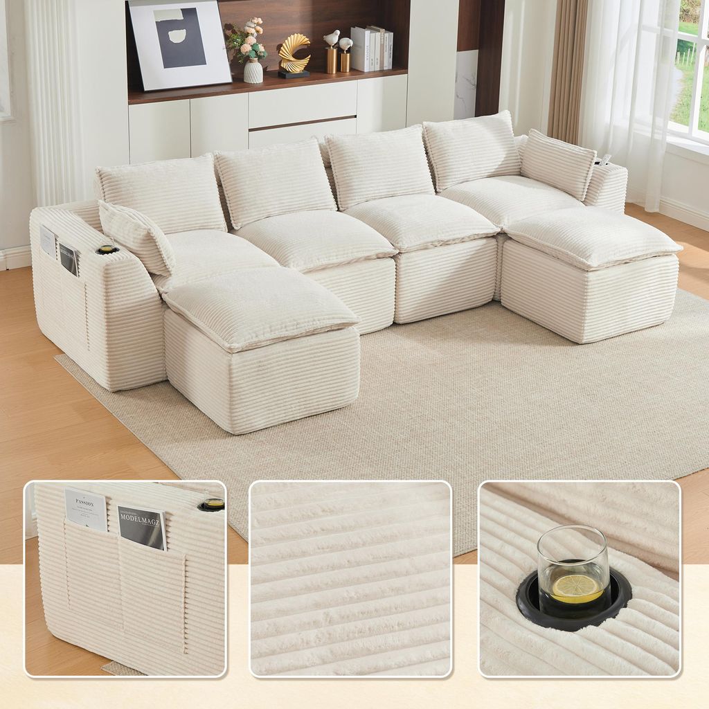 LVHOM XXL Modulsofa 4-Sitzer Cord, U-Form Wohnlandschaft mit Getränkehalter & Seitentaschen, Bigsofa, 322cm, Beige