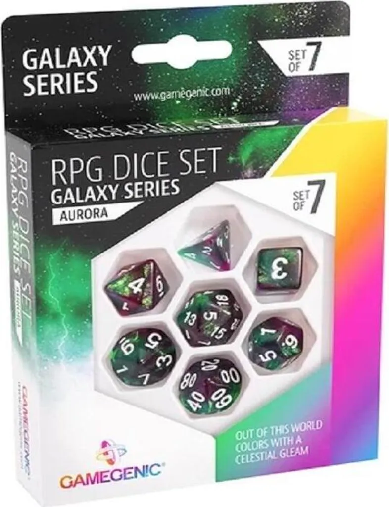 Jeu de dés RPG 7 pièces Galaxy Series Aurora avec un effet scintillant