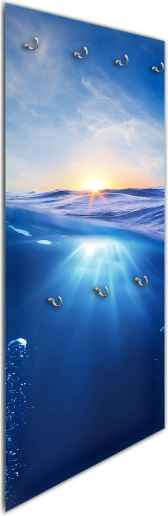 Wallario Flurgarderobe Wandgarderobe aus Glas, mit 7 Haken, Größe 50 x 125 cm, Motiv Wellen im Meer bei Sonnenuntergang