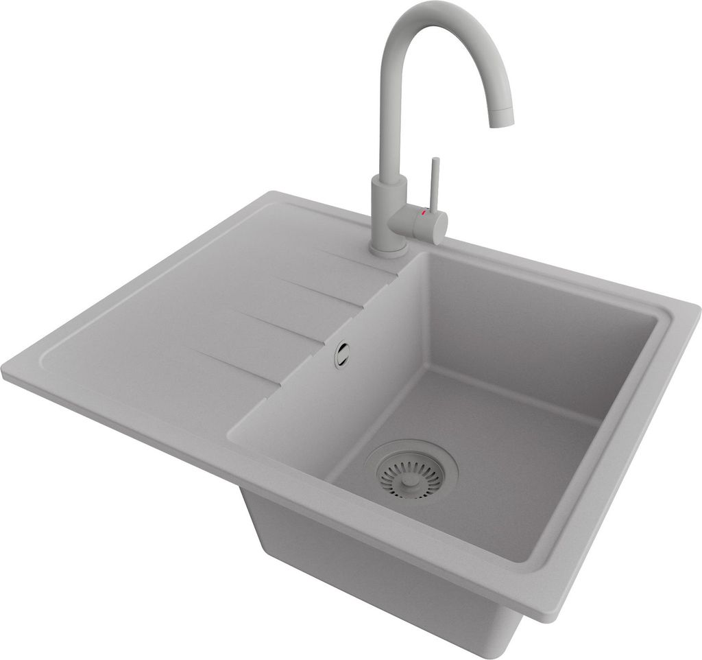 PRIMAGRAN Granitspüle Grau 62x50cm, Spülbecken 1 Becken + Küchenarmatur 32x20cm + Ablauf-Set, Küchenspüle ab 40er Unterschrank - Mailand