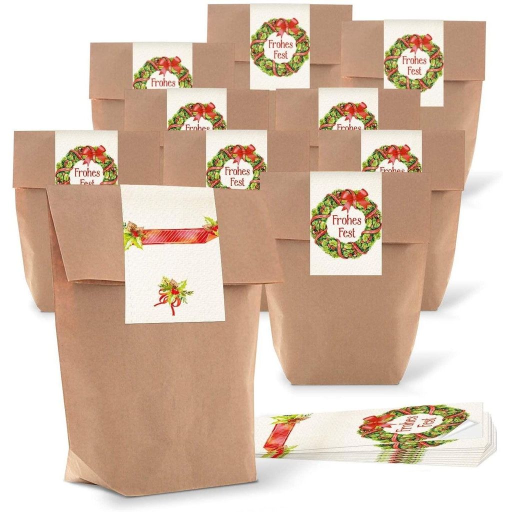 Logbuch-Verlag 10 kleine Papierbeutel Verpackung für Weihnachtsgeschenke Papier Tüten mit Weihnachtsaufkleber und FROHES FEST Text25 Stück