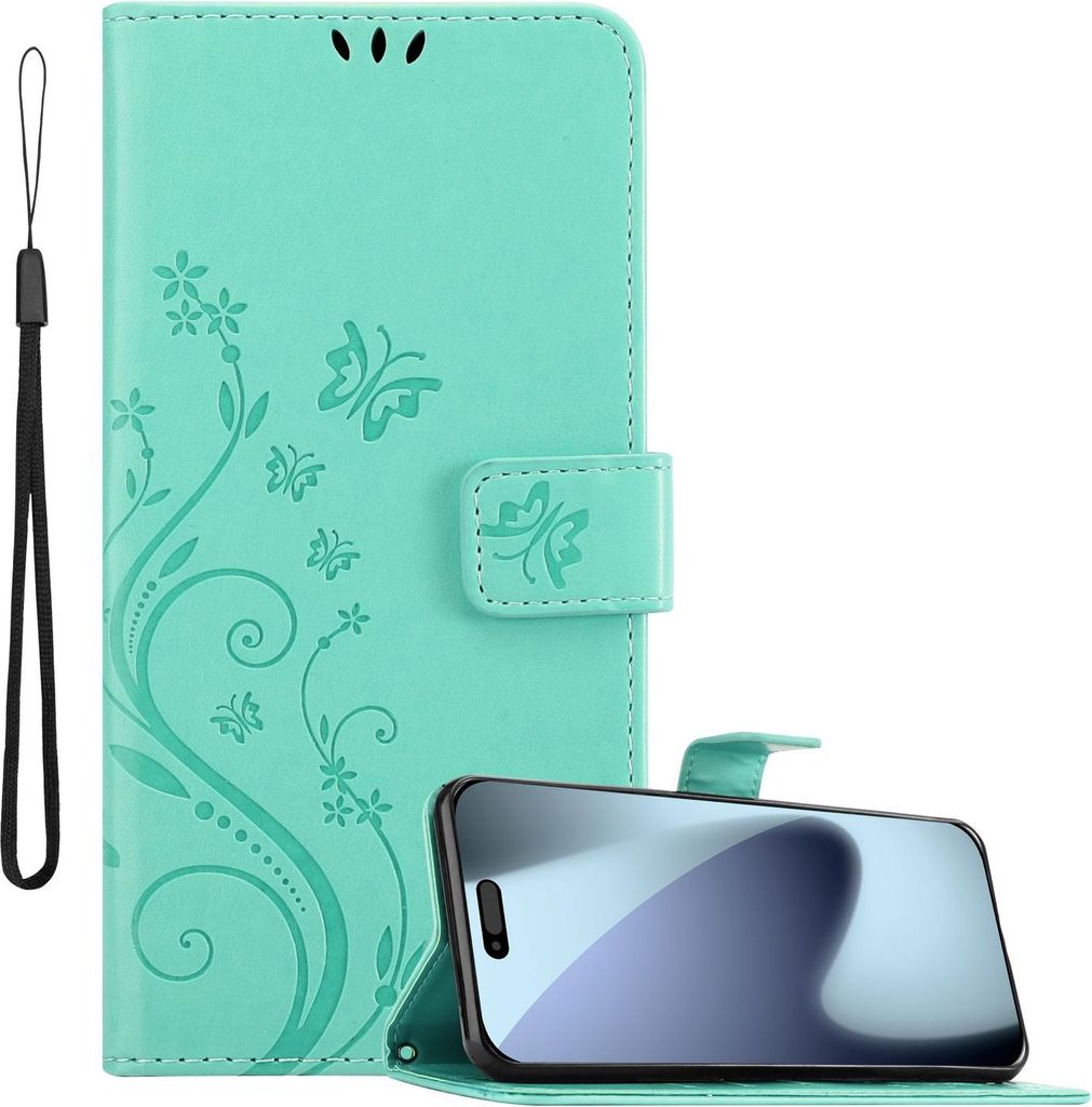 Cadorabo Hülle für Apple iPhone 17 PRO MAX Hülle in FLORAL TÜRKIS Schutzhülle im Blumen Design mit Magnetverschluss, Standfunktion und Kartenf...