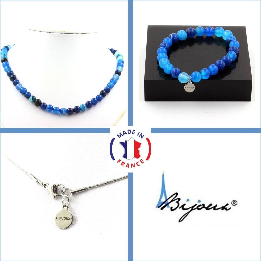 Schmuckset Armband Halskette Perlen Blauer Achatband 8 mm Edelstahlkette