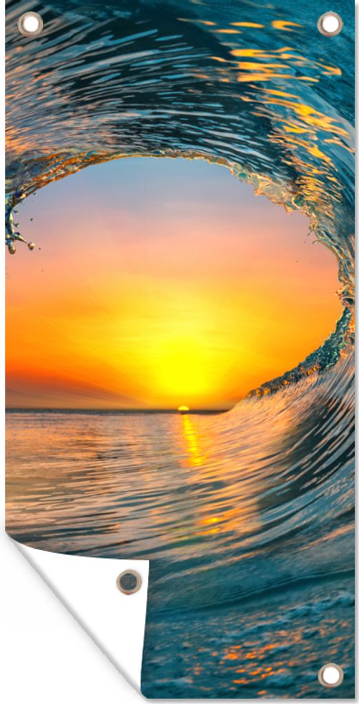 MuchoWow 40x80 cm Outdoor-Poster Gartendeko Sichtschutz Garten Poster für den Garten Sonnenuntergang - Wasser - Welle - Orange