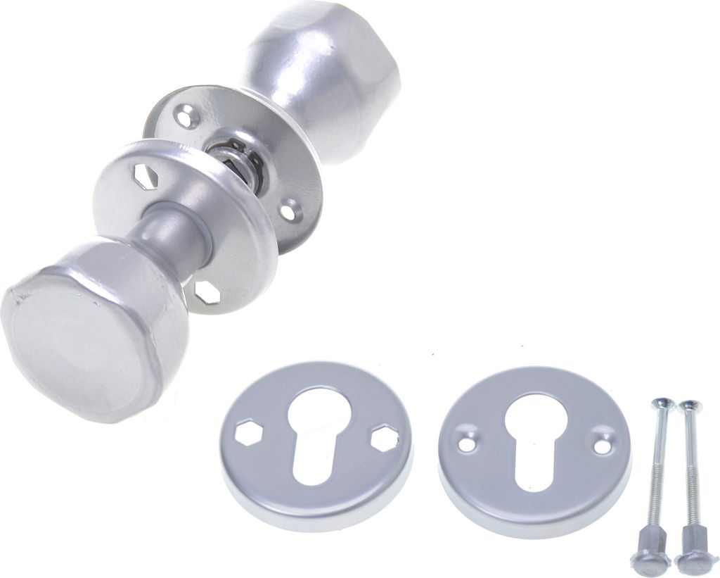 A set of door knobs and related hardware, including two keyhole escutcheons and two screws, are displayed against a white background.