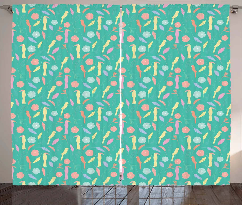 ABAKUHAUS Tenda tropicale rustica, uccelli esotici e fiori, tende universali per soggiorno con passanti e ganci, 280 x 175 cm, multicolore