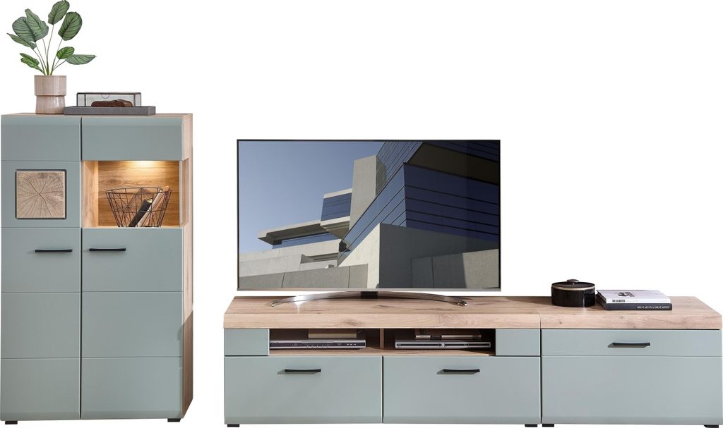 Wohnwand >Kathlin< (3-teilig) schilfgrün / Eiche Nachbildung - ca. 320x139x47 cm (BxHxT)
