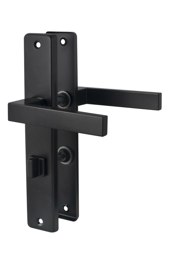 A black door handle set with a latch mechanism, shown against a white background.