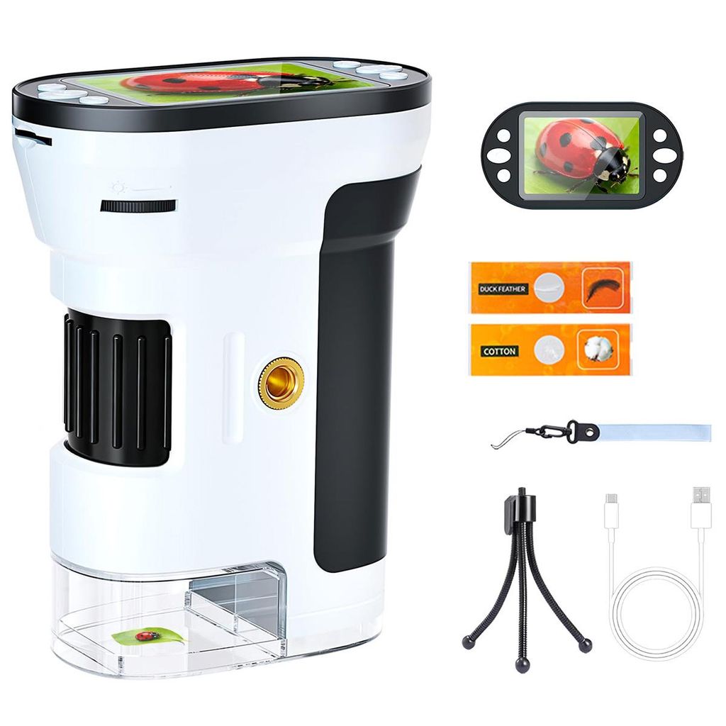 1000x Handy Mikroskop für Kinder, 1080P HD 2,0" IPS-Bildschirm, Taschenmikroskop mit Mini Tripod & 32GTF-Karte, Experimente für Kinder ab 4, Gesc...