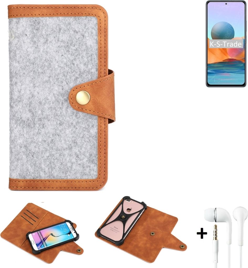 K-S-Trade Handyhülle + Kopfhörer kompatibel mit Xiaomi Redmi Note 10 Pro Global Schutzhülle Filz Hülle Kunstleder hellgrau braun (1x)