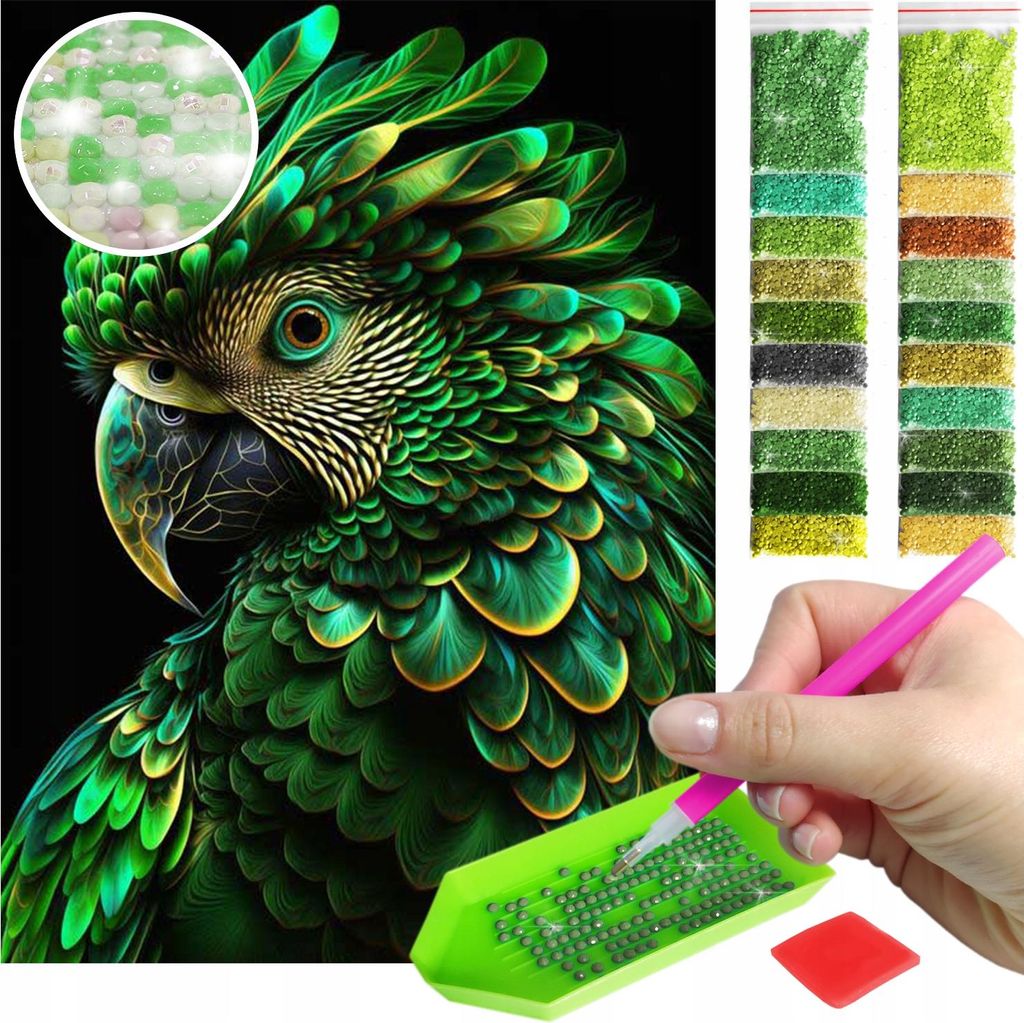 ARTULIO - Diamond Painting Set - Grüner Papagei auf schwarzem Hintergrund - 40 x 30 cm - AB Steine, Crystal Art, Bilder DIY