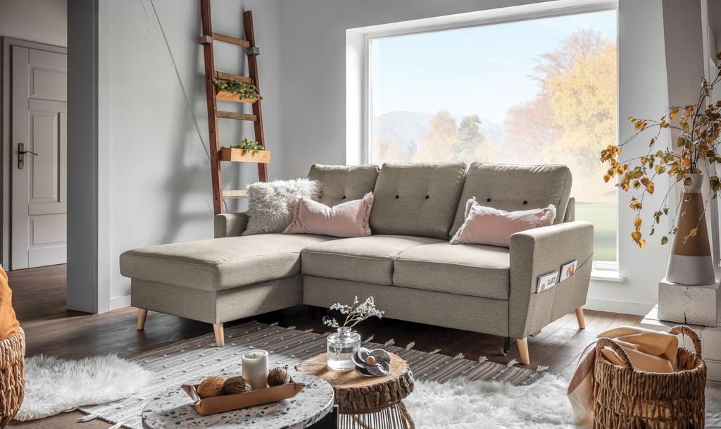 MIUFORM Lars - Ecksofa mit Bettfunktion und Bettkasten - 223x148cm - Sand - L-Form Links - Schlafsofa Couch