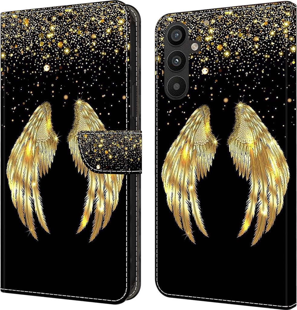 CLM-Tech Hülle kompatibel mit Samsung Galaxy A54 5G - Tasche aus Kunstleder - Klapphülle mit Ständer und Kartenfächern, schwarz - goldene Flügel