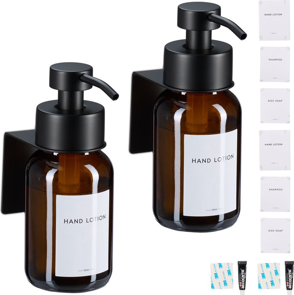 Relaxdays Seifenspender, 2er Pack, 250ml, Braunglas, Produktbild 