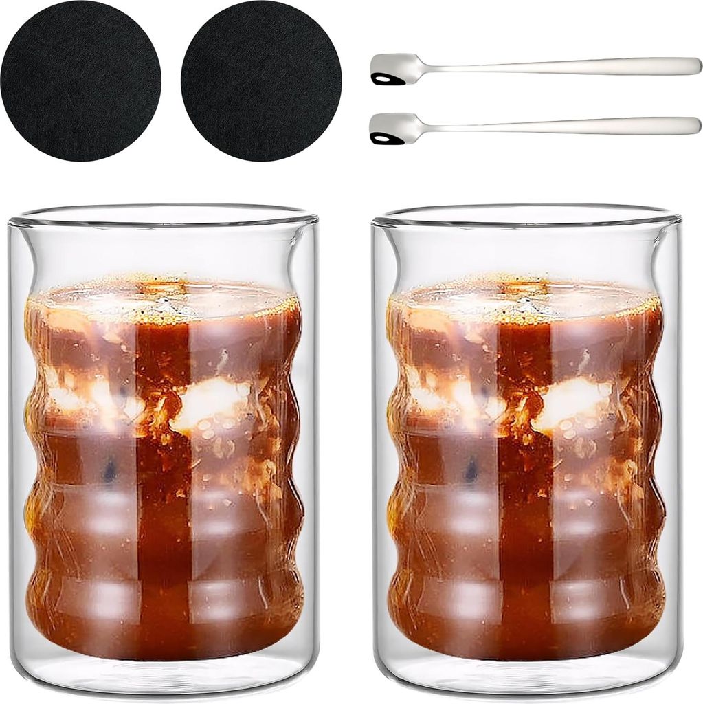 Latte Macchiato Gläser,2 er Set Doppelwandig 350ml, Spiralförmig Kaffeegläser Espressotassen Kaffeebecher Capuccino-tassen Teegläser Thermoglas