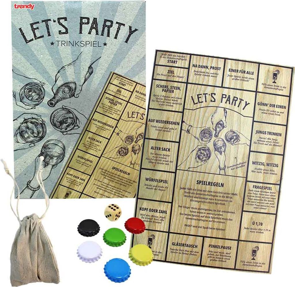 Karton mit 60x Trinkspiel Brettspiel "Lets Party" aus Holz