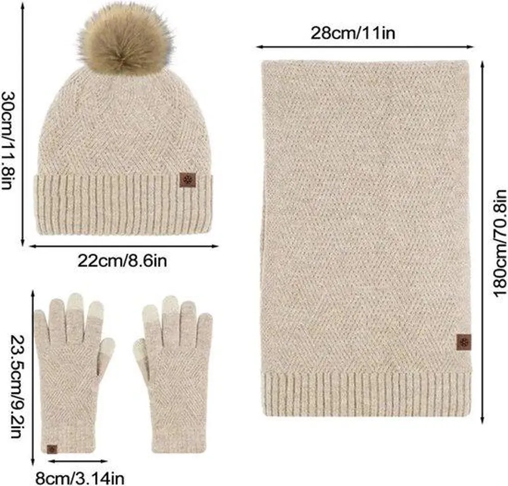 Set Hiver Femme Beige Chaud : Bonnet à Pompon et Gants Tactiles Pratiques