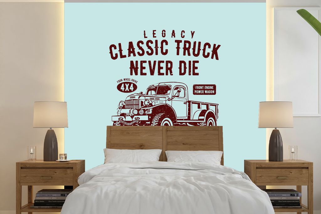 MuchoWow Fototapete für Wohnzimmer oder Schlafzimmer Wandtapete Vinyl Motivtapete Mancave - Auto - Vintage - Blau - 220x220 cm - Tapeten