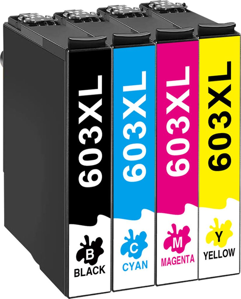 Four printer ink cartridges lined up against a white background.
