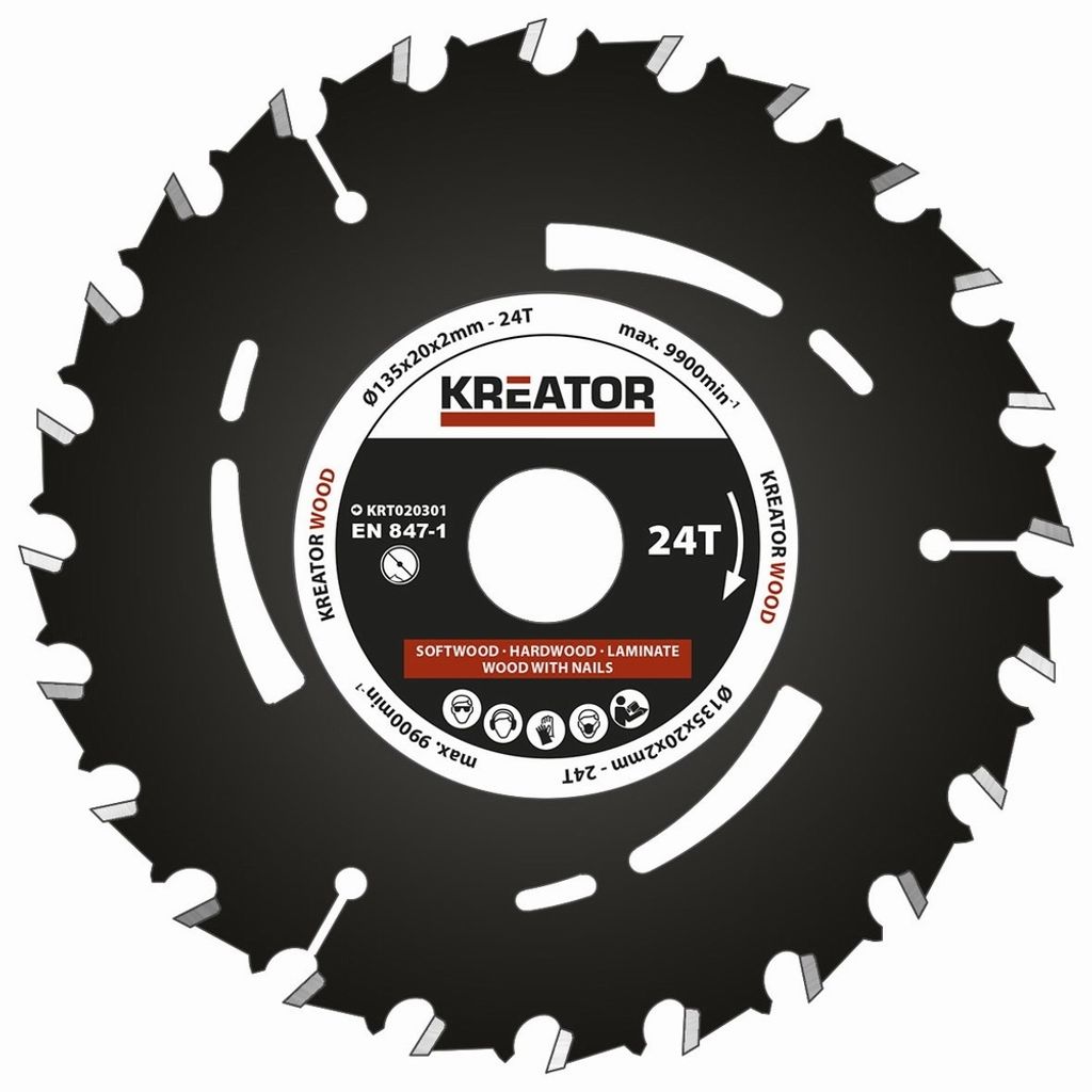 A circular saw blade with text and branding.